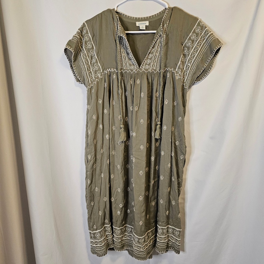 Sundance Embroidered Tunic Dress XS Olive Green Boho Peasant Pocket VNeck Earthy